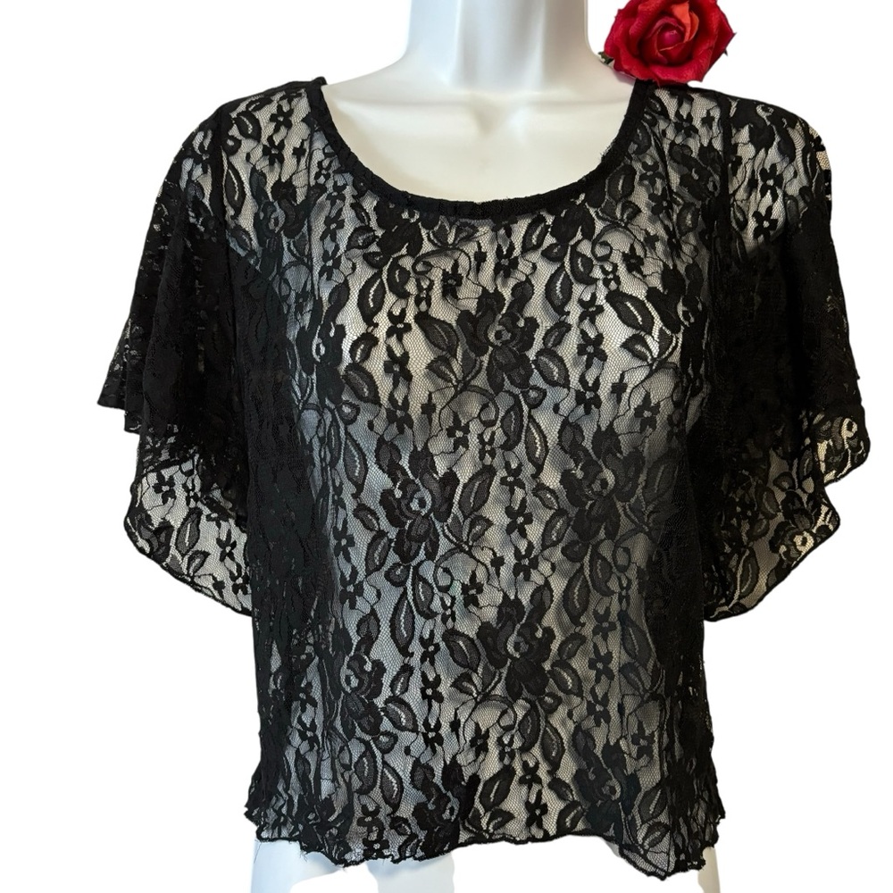 HS Heart Soul LG Y2K Sheer Sexy Black Lace Ruffled Sleeve Fairygoth Top …